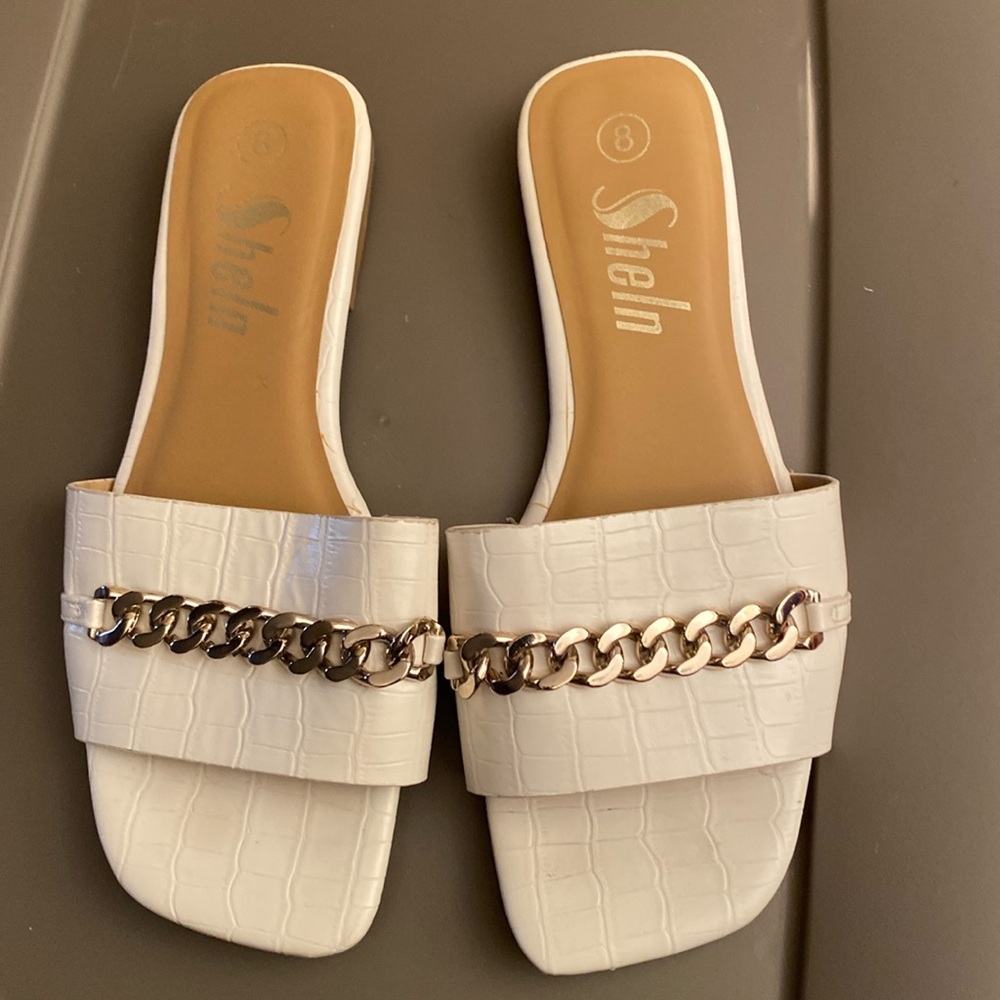 SHEIN white flats with silver chain accent